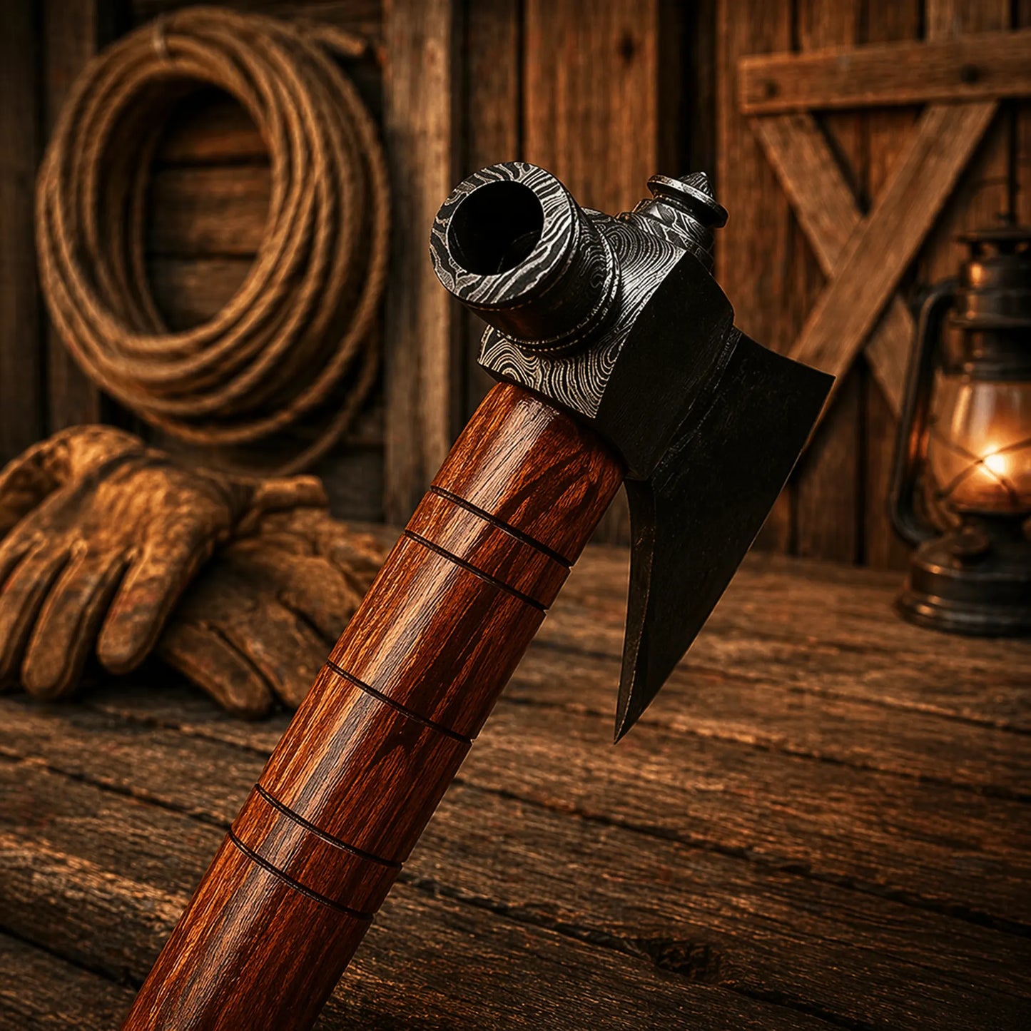 Custom Hand Forged Damascus Steel Smoking Pipe Tomahawk Axe – 18” Handmade Hatchet with Wooden Handle & Leather Sheath