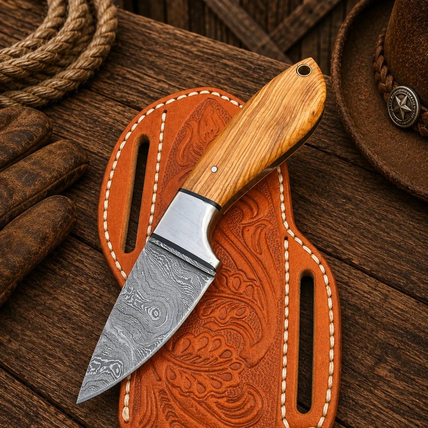 Buckaroo Sheath Knife – 3" Damascus Steel Olive Wood Handle