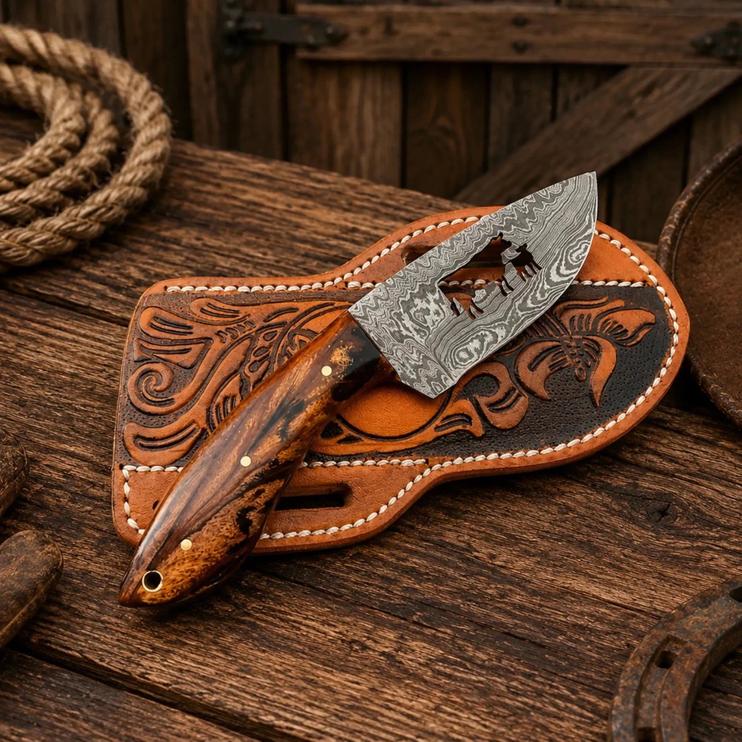 Cowboy Cattle Field Knife – Damascus Steel Blade Resin Handle