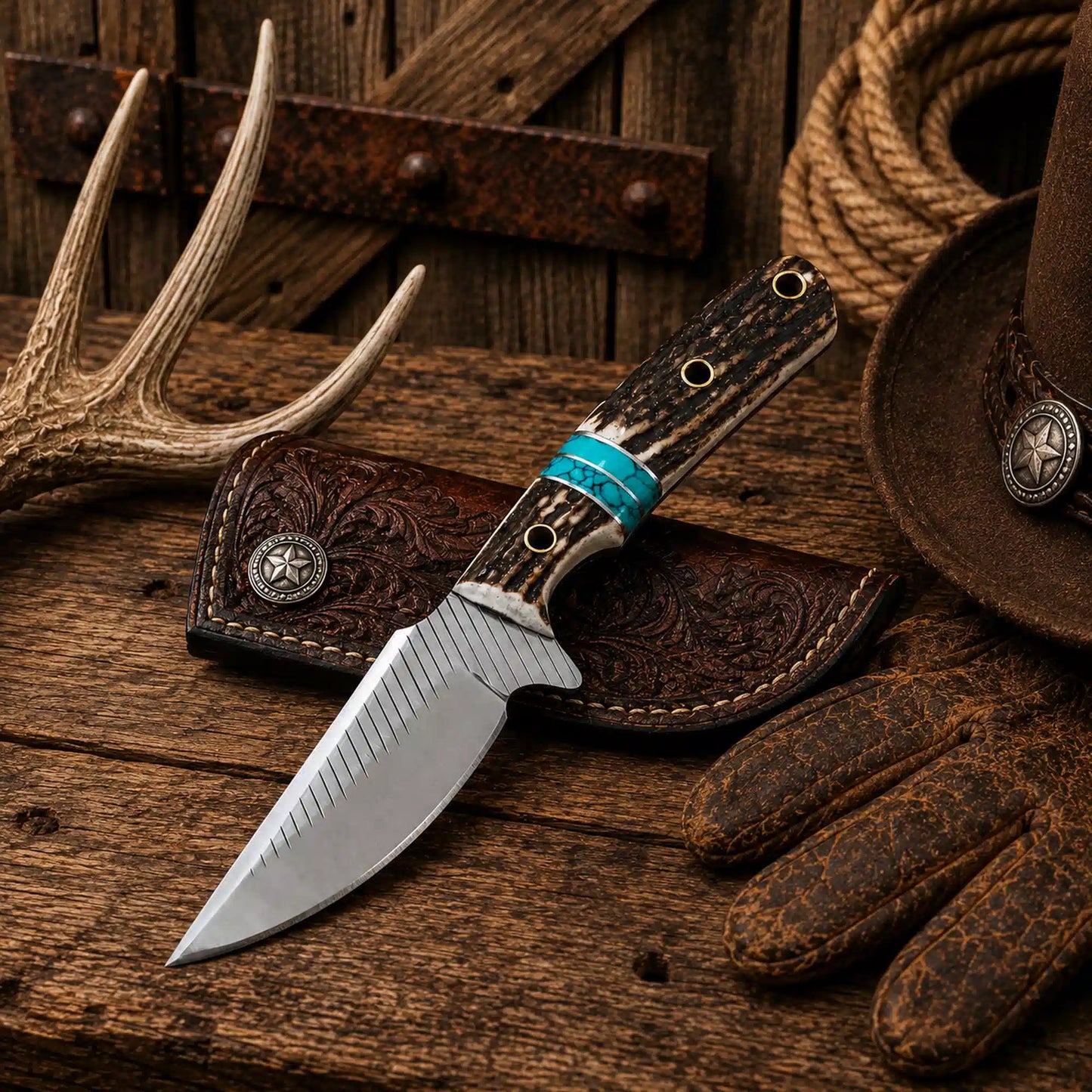 Cowboy Ranch Carry Knife – 4" Rasp File Blade with Antler & Turquoise Inlay Handle