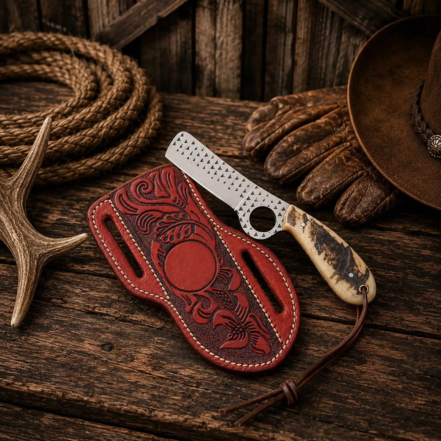 Handcrafted Ranch Bull Cutter Knife – 4.5" D2 Rasp Steel Blade & Ram Horn Handle