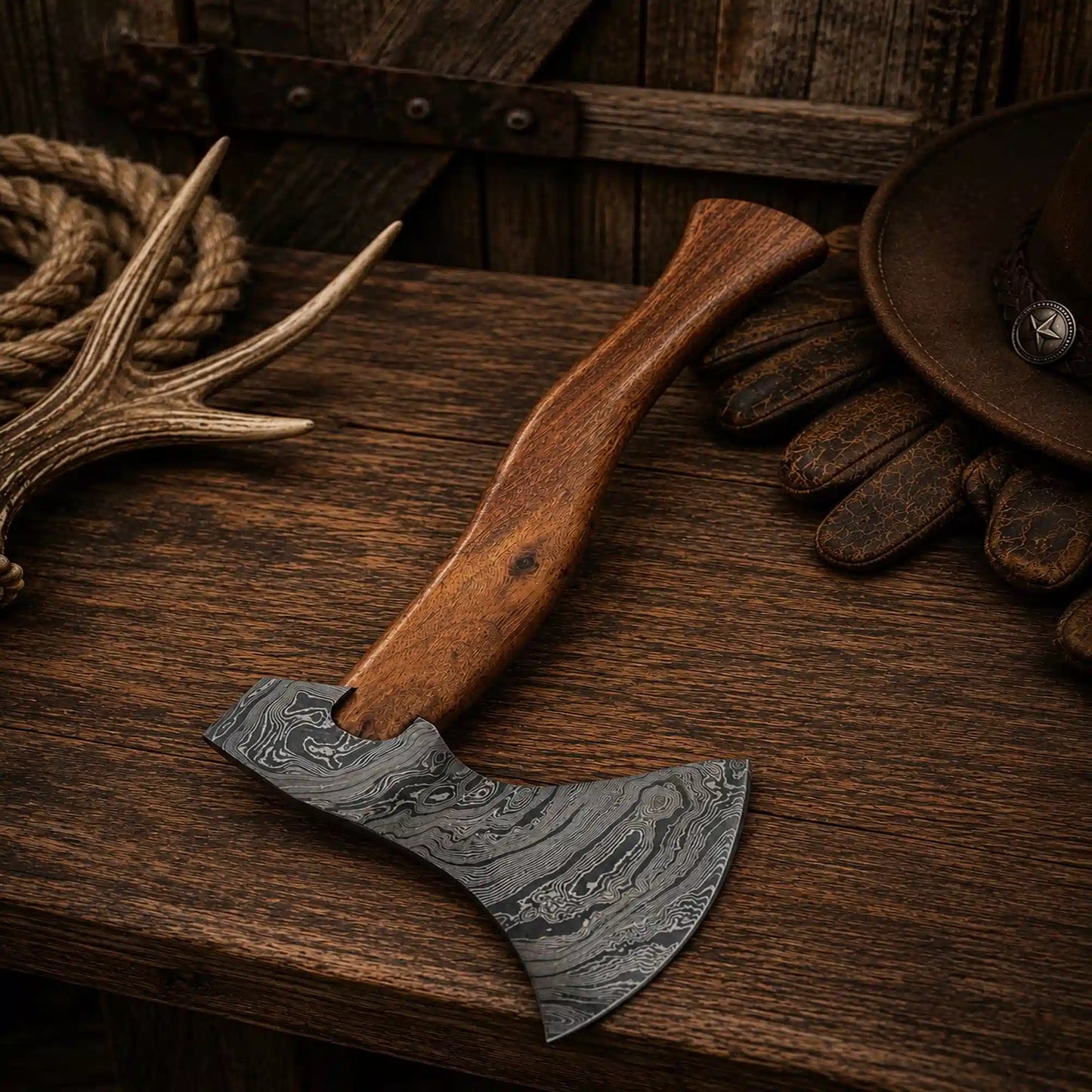 Handmade Damascus Steel Tomahawk Hatchet with Rosewood Handle & Leather Sheath