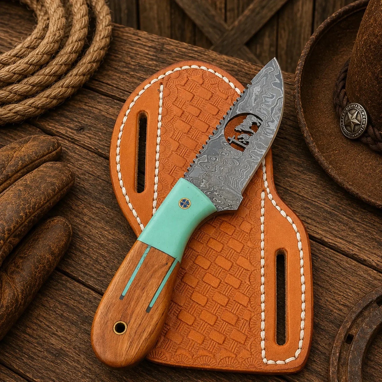 Ranch Field Knife with Sheath – 3.5" Damascus Blade Turquoise Handle