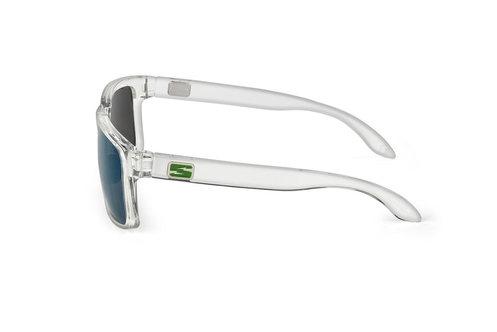 Decoy sunglasses in clear frame, Arctic edition, case and packaging