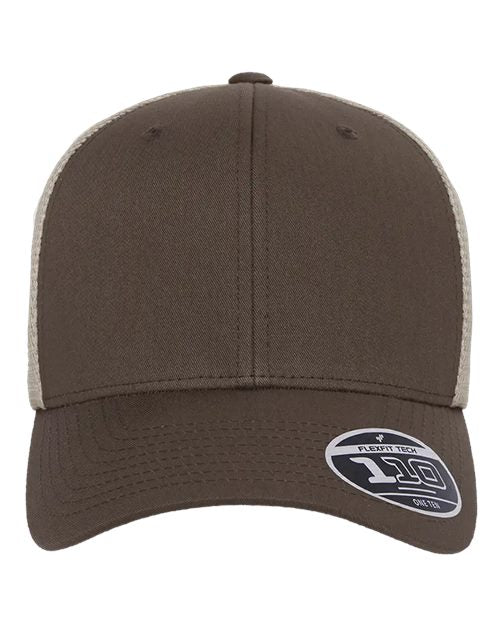 Blank Flexfit 110 mesh-back trucker cap in Brown/Khaki, front view, ready for laser engraving