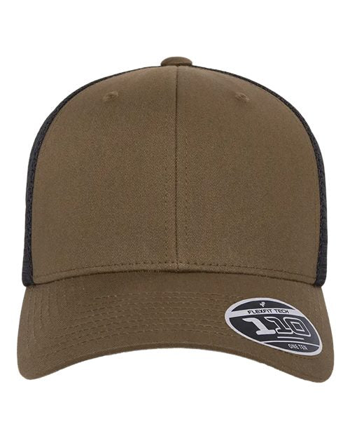 Blank Flexfit 110 mesh-back trucker cap in Coyote Brown/Black, front view, ready for laser engraving