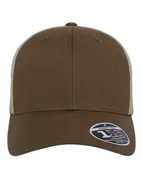 Blank Flexfit 110 mesh-back trucker cap in Coyote Brown/Khaki, front view, ready for laser engraving