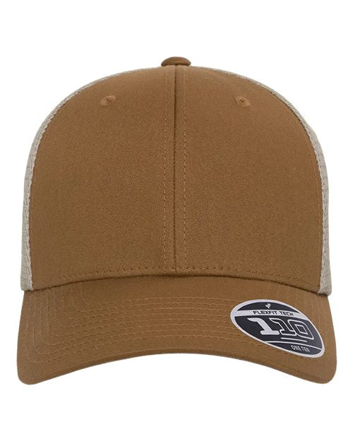 Blank Flexfit 110 mesh-back trucker cap in Caramel/Khaki, front view, ready for laser engraving