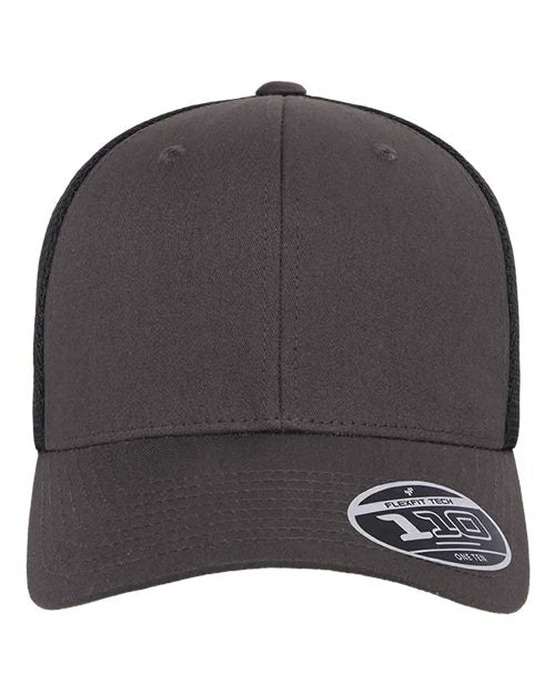 Blank Flexfit 110 mesh-back trucker cap in Charcoal/Black, front view, ready for laser engraving