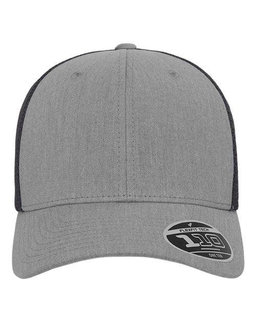 Blank Flexfit 110 mesh-back trucker cap in Heather Grey/Black, front view, ready for laser engraving