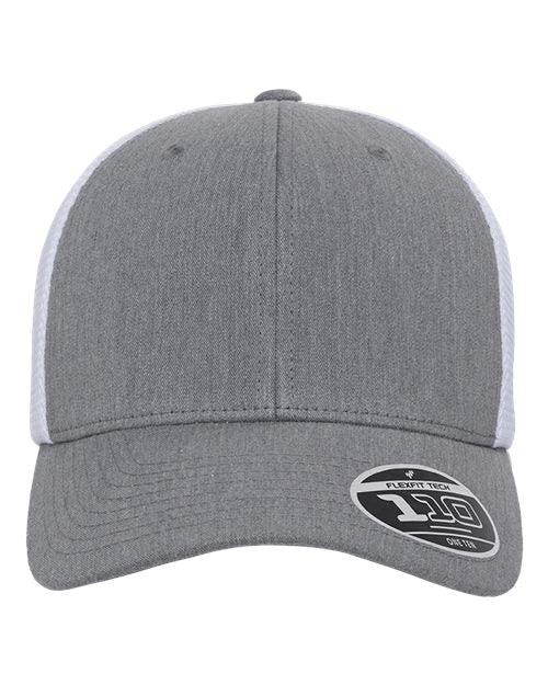 Blank Flexfit 110 mesh-back trucker cap in Heather Grey/White, front view, ready for laser engraving