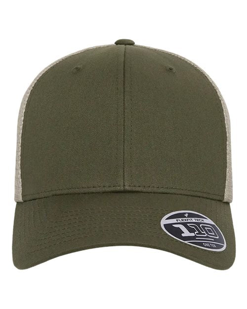 Blank Flexfit 110 mesh-back trucker cap in Olive/Khaki, front view, ready for laser engraving