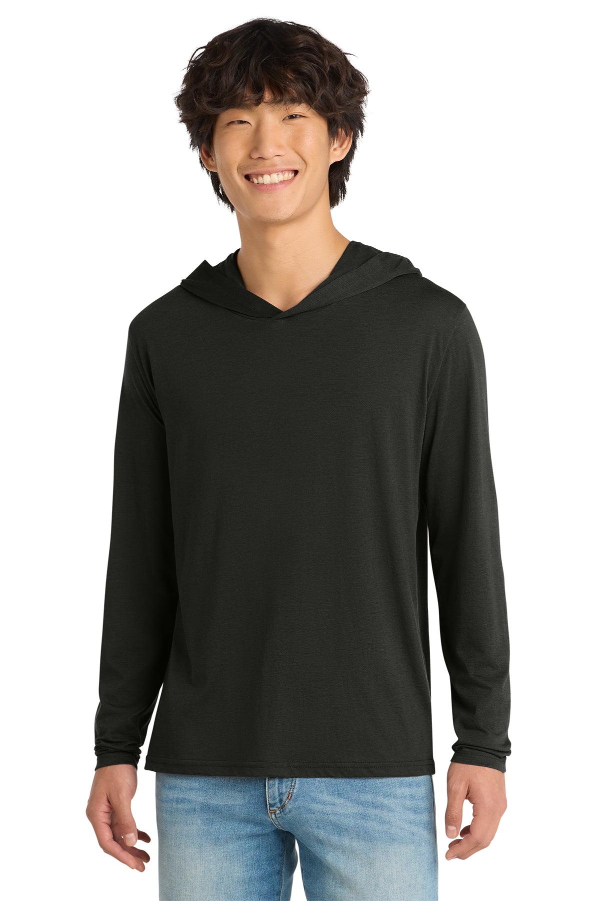 Custom District Perfect Tri long sleeve hoodie in Black, front view, ready for personalized printing