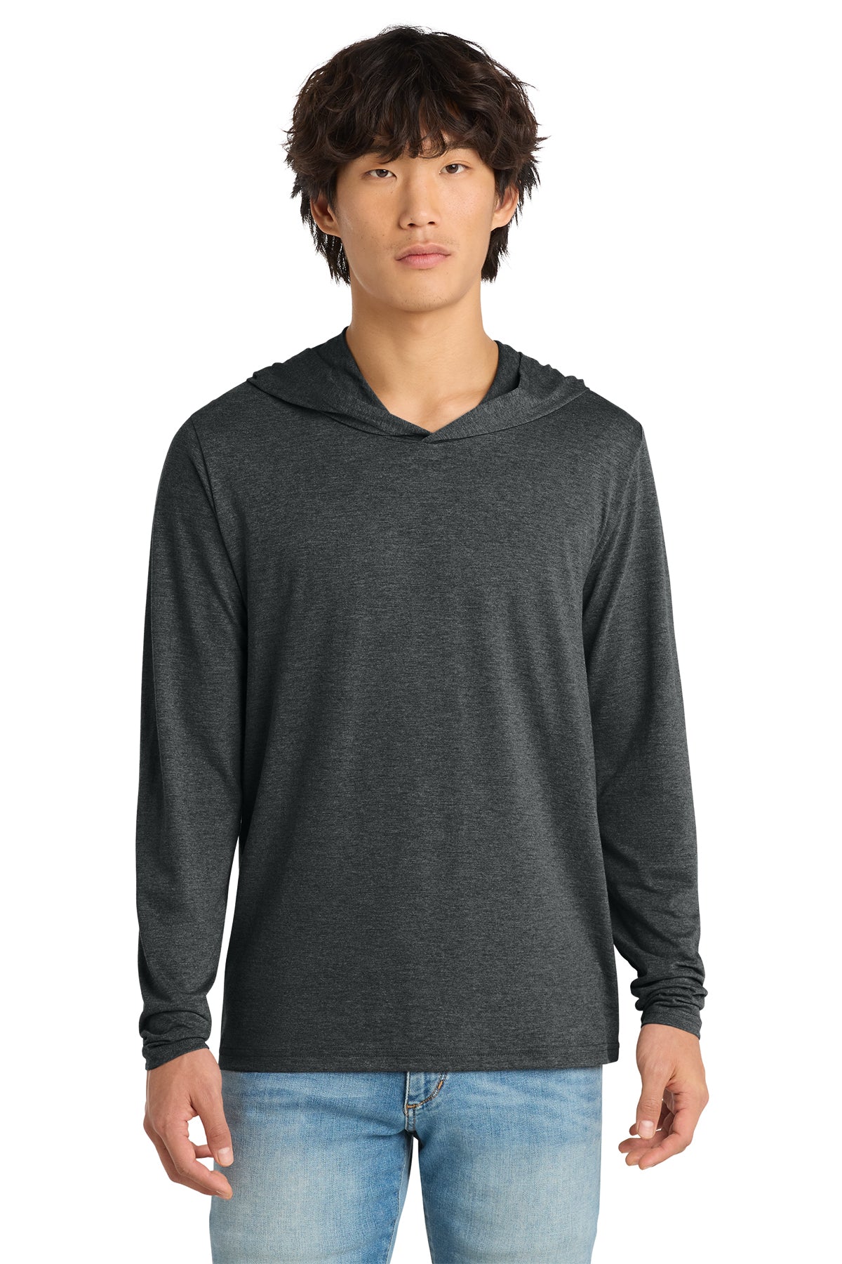 Custom District Perfect Tri long sleeve hoodie in Black Frost, front view, ready for personalized printing