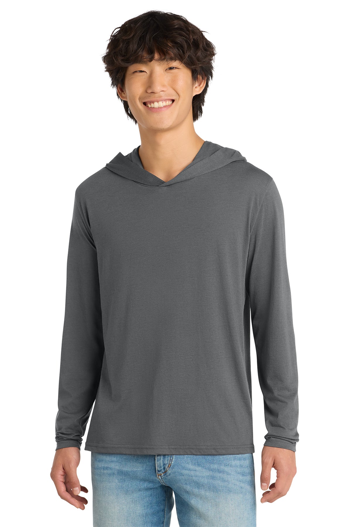 Custom District Perfect Tri long sleeve hoodie in Charcoal, front view, ready for personalized printing