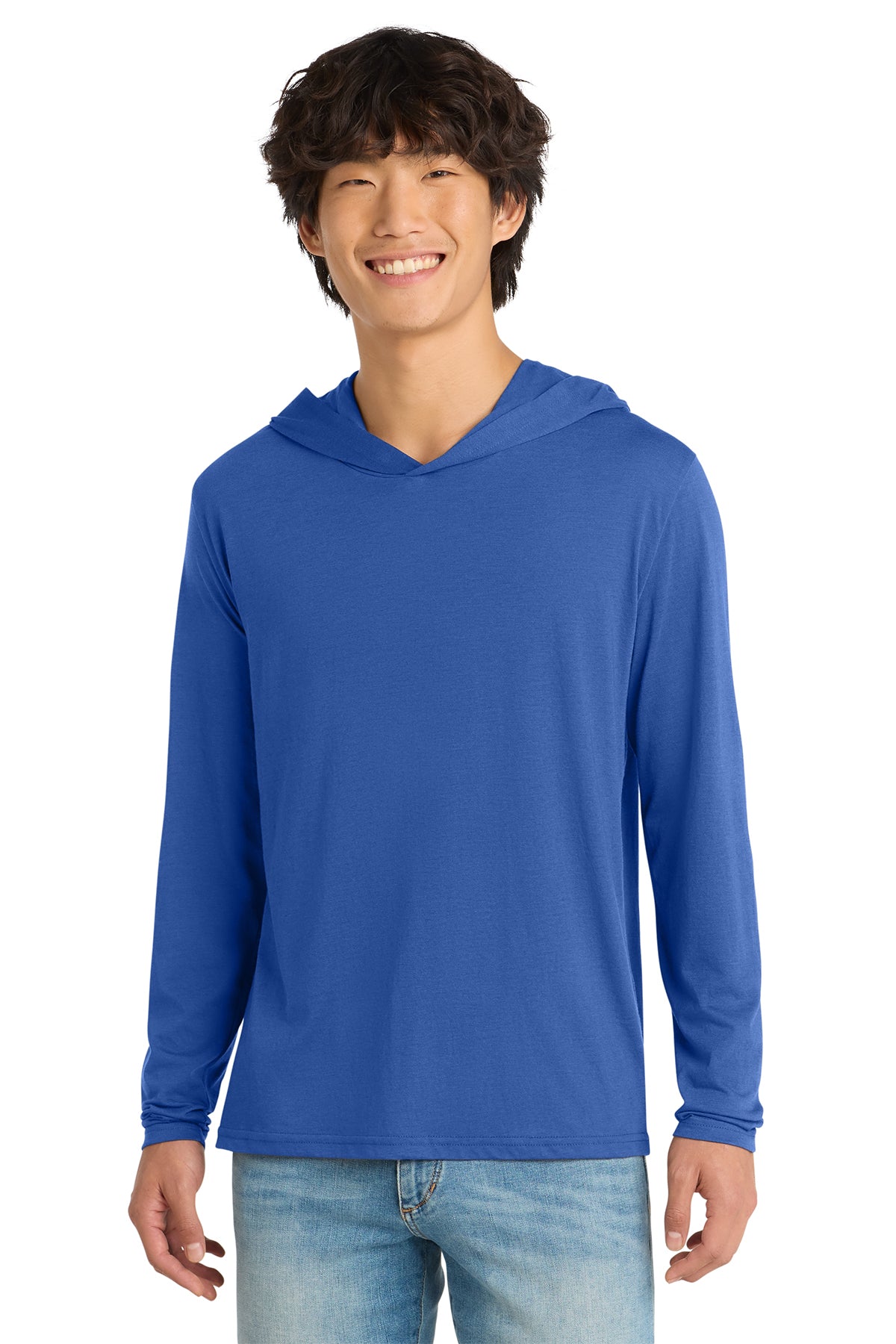 Custom District Perfect Tri long sleeve hoodie in Deep Royal, front view, ready for personalized printing