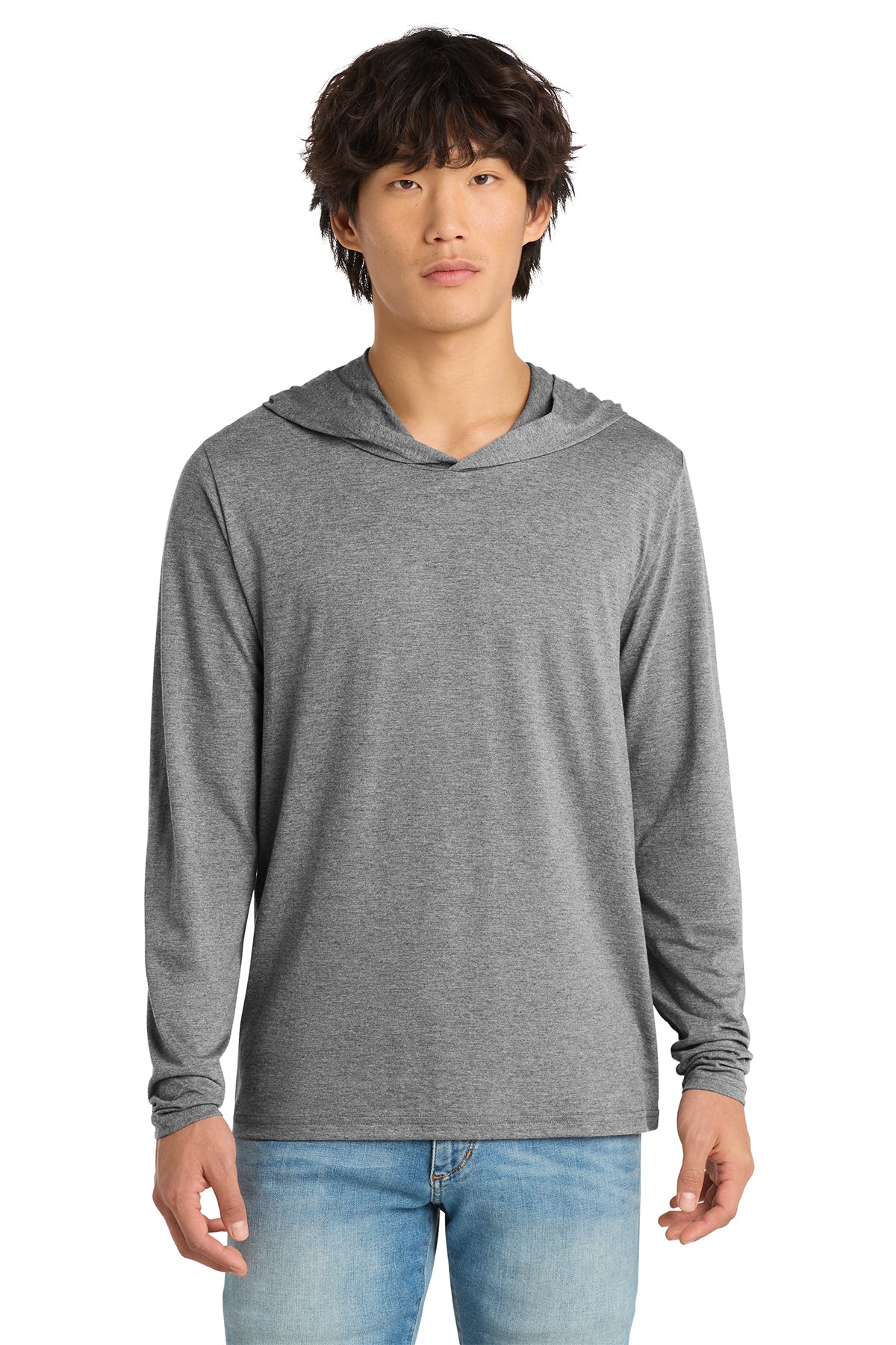Custom District Perfect Tri long sleeve hoodie in Grey Frost, front view, ready for personalized printing