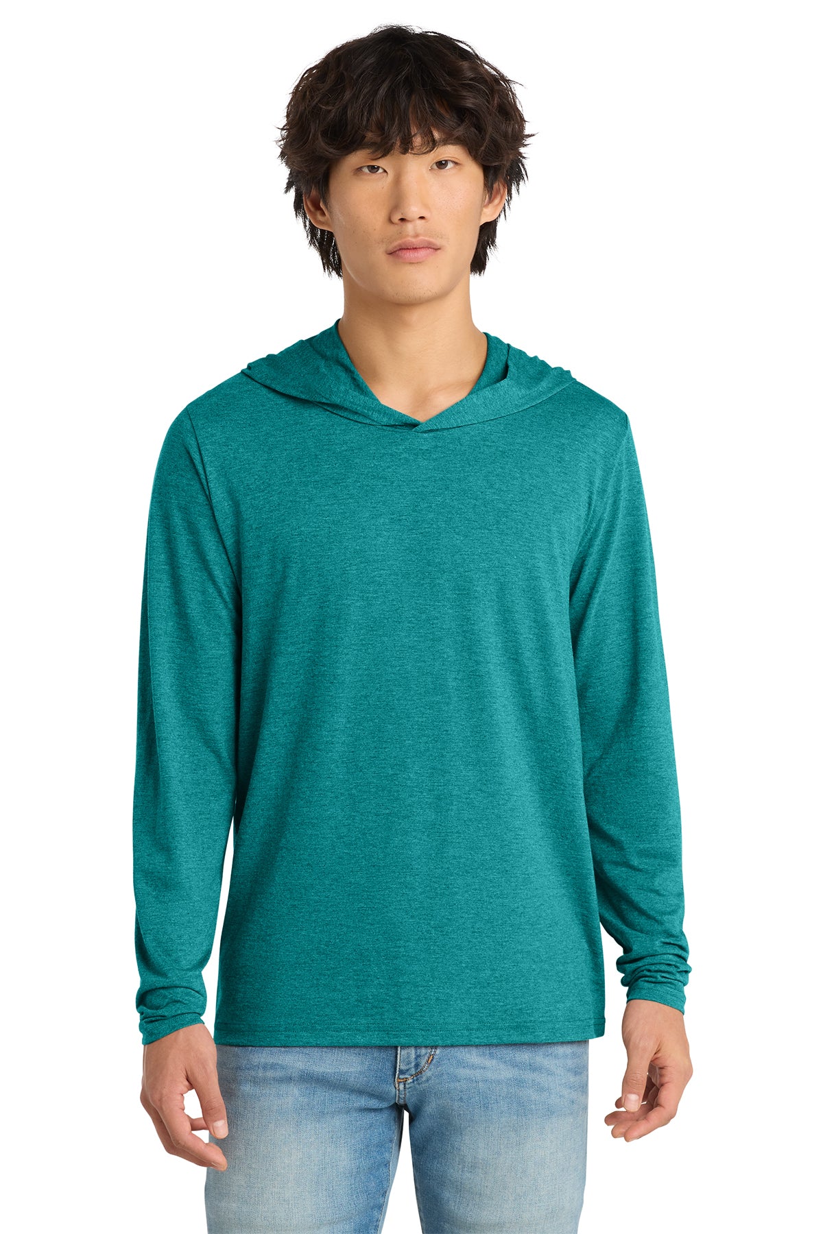 Custom District Perfect Tri long sleeve hoodie in Heathered Teal, front view, ready for personalized printing