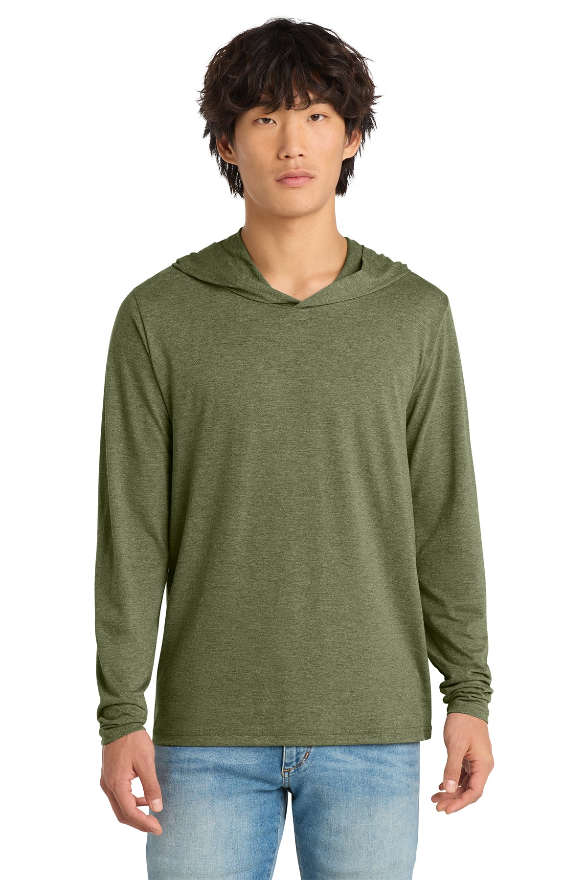 Custom District Perfect Tri long sleeve hoodie in Military Green Frost, front view, ready for personalized printing