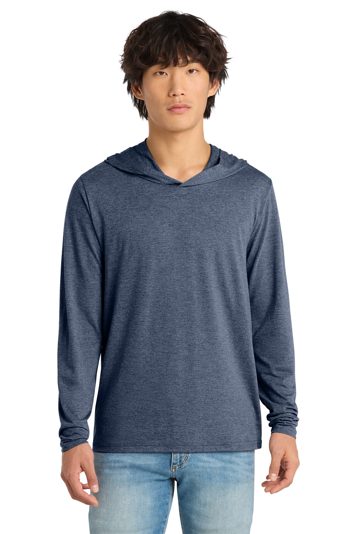 Custom District Perfect Tri long sleeve hoodie in Navy Frost, front view, ready for personalized printing