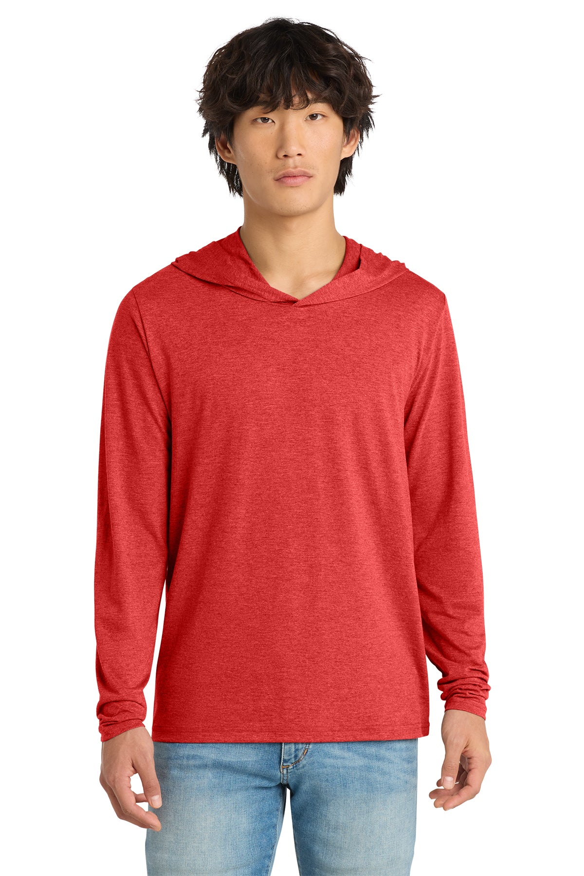Custom District Perfect Tri long sleeve hoodie in Red Frost, front view, ready for personalized printing