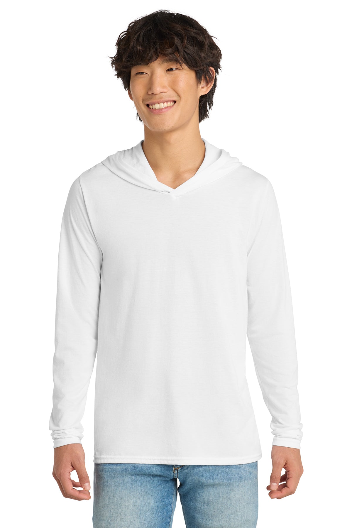 Custom District Perfect Tri long sleeve hoodie in White, front view, ready for personalized printing