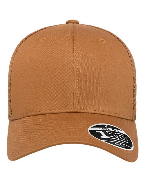 Blank Flexfit 110 mesh-back trucker cap in Caramel, front view, ready for laser engraving