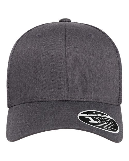Blank Flexfit 110 mesh-back trucker cap in Dark Heather Grey, front view, ready for laser engraving