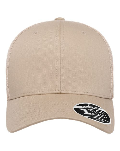 Blank Flexfit 110 mesh-back trucker cap in Khaki, front view, ready for laser engraving