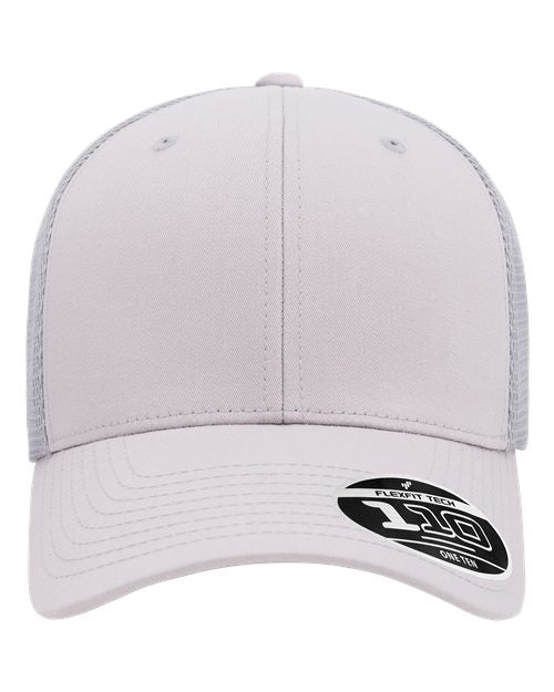 Blank Flexfit 110 mesh-back trucker cap in Silver, front view, ready for laser engraving