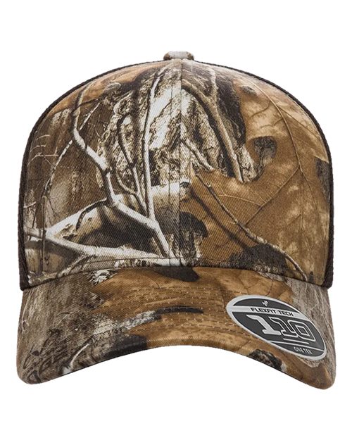Blank Flexfit 110 mesh-back trucker cap in Realtree Edge/Brown, front view, ready for laser engraving