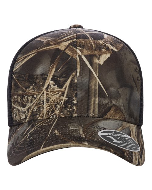 Blank Flexfit 110 mesh-back trucker cap in Realtree Max7/Brown, front view, ready for laser engraving