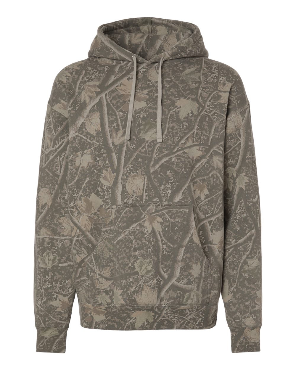 Custom Independent Trading Co. IND4000 heavyweight hooded sweatshirt in Deadwood Tree Camo, front view, ready for personalized printing