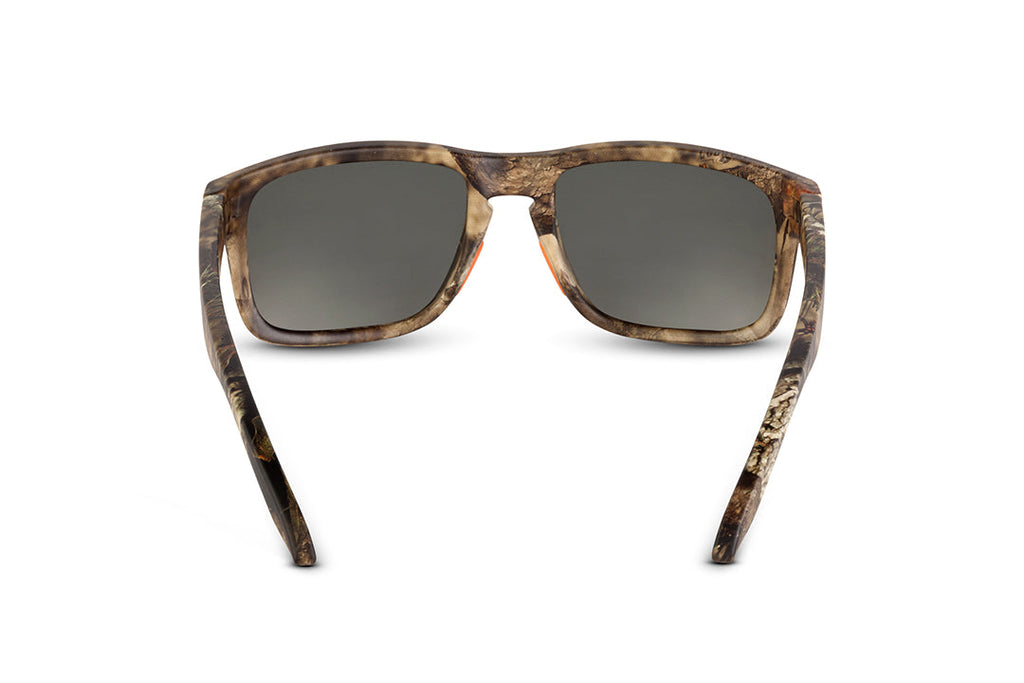 Decoy sunglasses in Mossy Oak Break-Up Country camo, on-face view