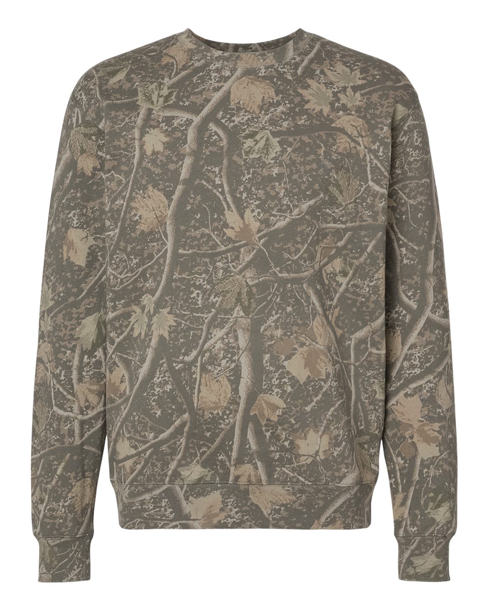 Custom Independent Trading Co. IND3000 heavyweight crewneck sweatshirt in Deadwood Tree Camo, front view, ready for personalized printing