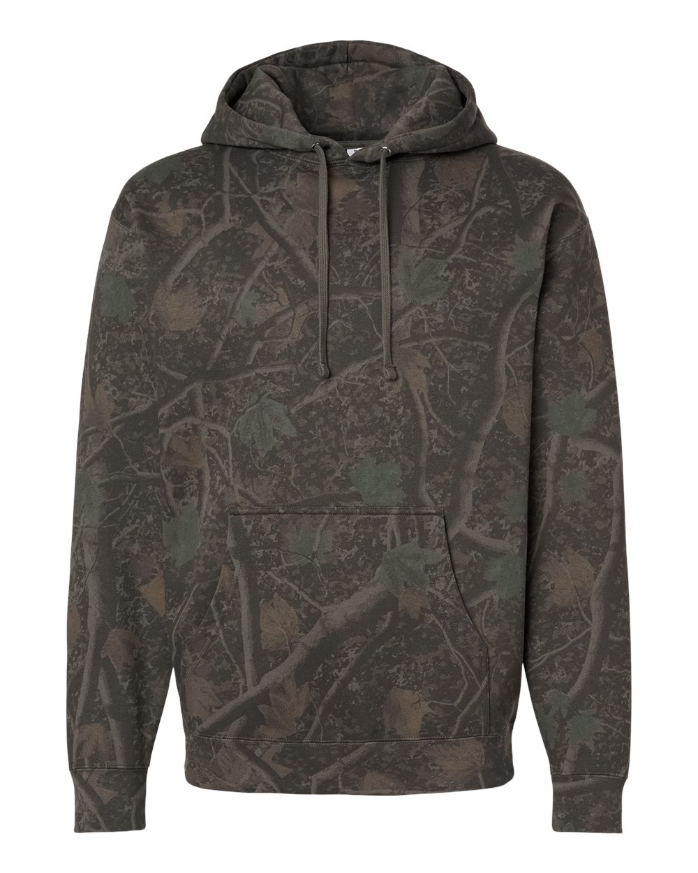 Custom Independent Trading Co. IND4000 heavyweight hooded sweatshirt in Darkwood Tree Camo, front view, ready for personalized printing