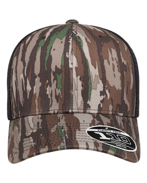 Blank Flexfit 110 mesh-back trucker cap in Realtree Original/Black, front view, ready for laser engraving