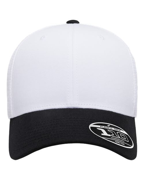 Blank Flexfit 110 mesh-back trucker cap in Black/White/White, front view, ready for laser engraving