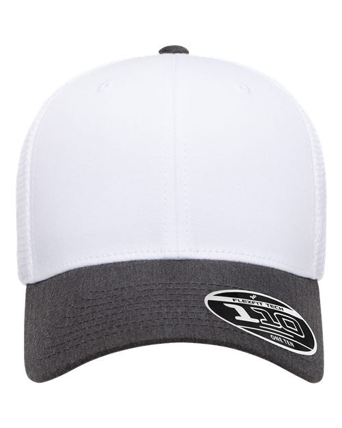 Blank Flexfit 110 mesh-back trucker cap in Dark Heather/White/White, front view, ready for laser engraving