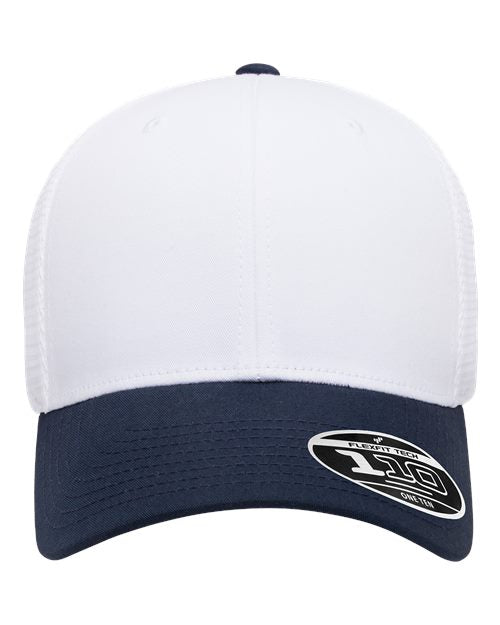 Blank Flexfit 110 mesh-back trucker cap in Navy/White/White, front view, ready for laser engraving