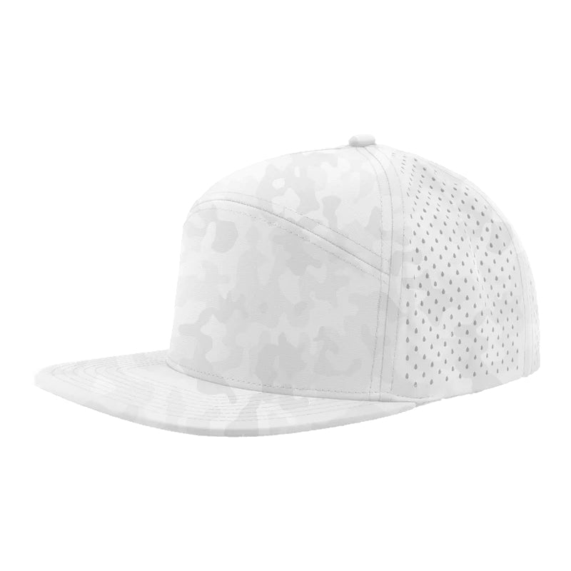 Custom Zapped Headwear Osprey 7-Panel Perforated Snapback Hat in Snow Camo, ready for personalized logo or design