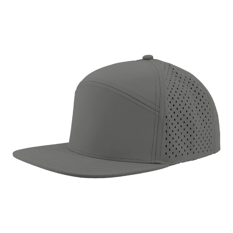 Custom Zapped Headwear Osprey 7-Panel Perforated Snapback Hat in Grey, ready for personalized logo or design