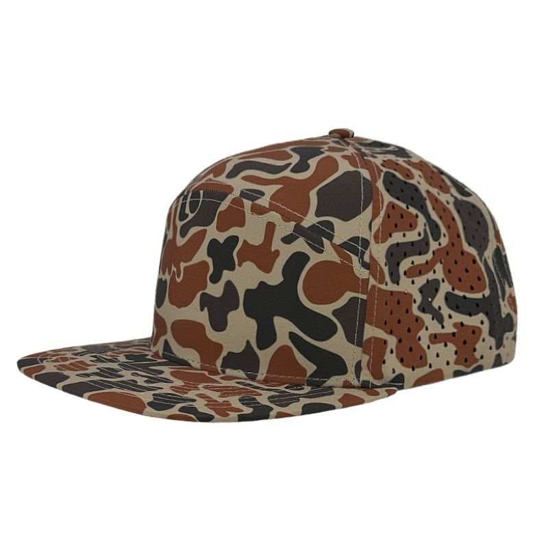 Custom Zapped Headwear Osprey 7-Panel Perforated Snapback Hat in Burnt Orange Old School Camo, ready for personalized logo or design