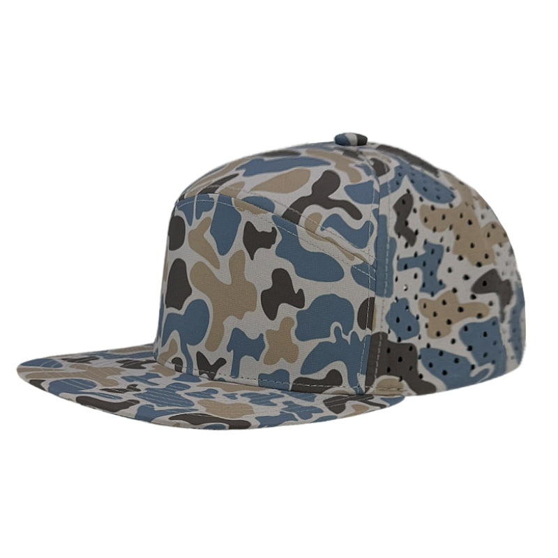 Custom Zapped Headwear Osprey 7-Panel Perforated Snapback Hat in Land & Sea Old School Camo, ready for personalized logo or design