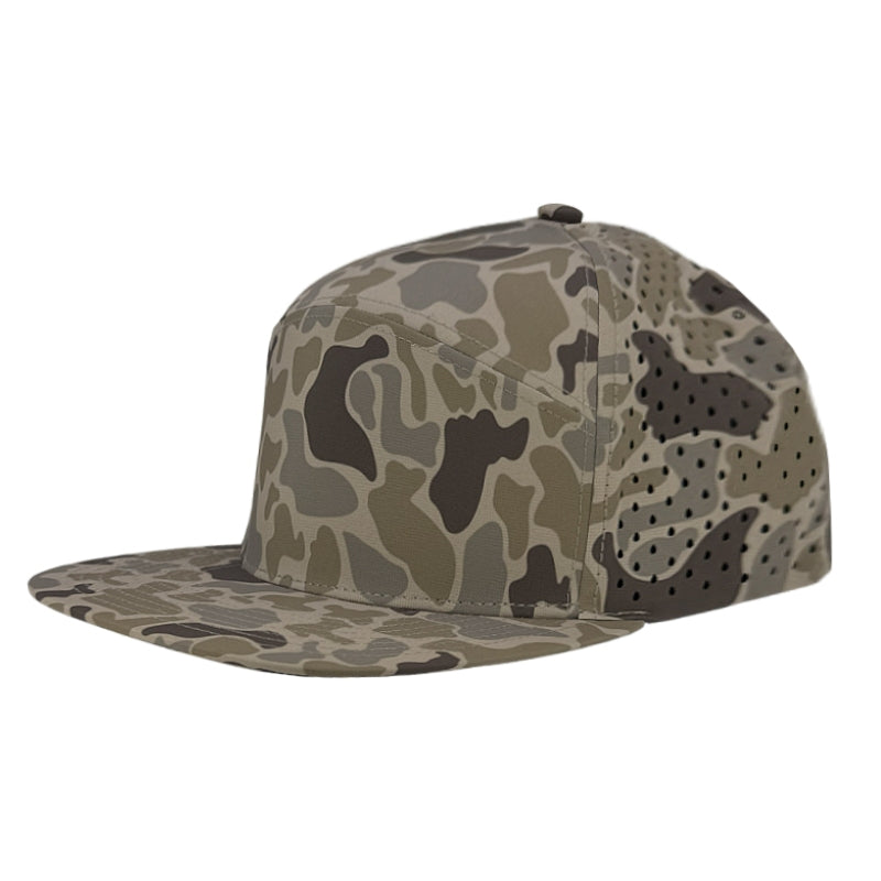 Custom Zapped Headwear Osprey 7-Panel Perforated Snapback Hat in Desert Old School Camo, ready for personalized logo or design