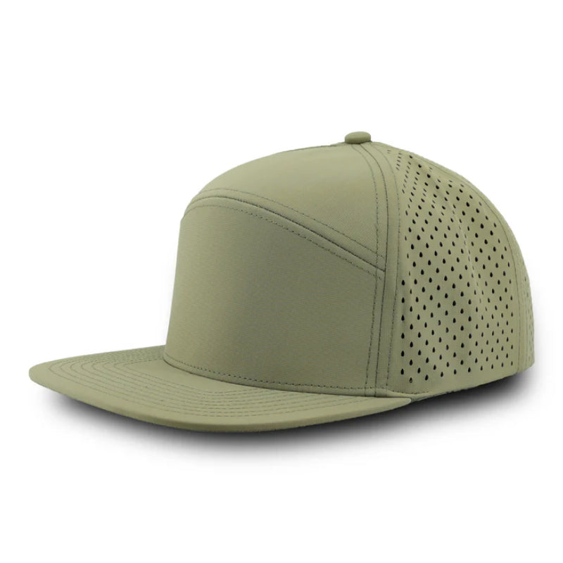 Custom Zapped Headwear Osprey 7-Panel Perforated Snapback Hat in Loden, ready for personalized logo or design