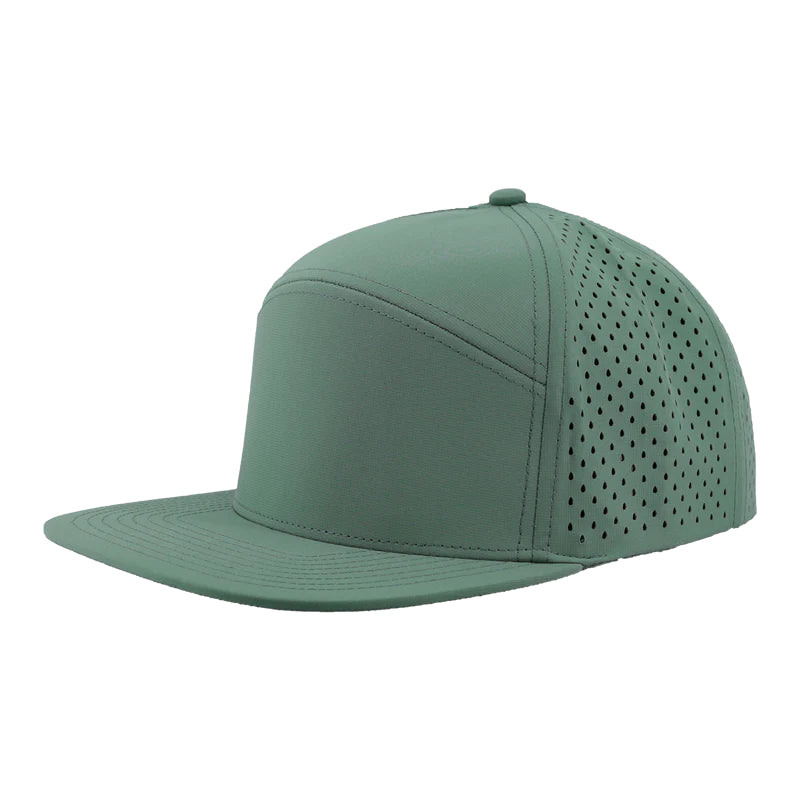 Custom Zapped Headwear Osprey 7-Panel Perforated Snapback Hat in Steel Green, ready for personalized logo or design