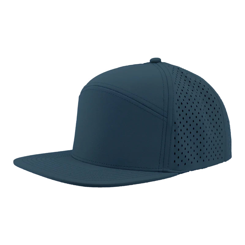 Custom Zapped Headwear Osprey 7-Panel Perforated Snapback Hat in Light Navy, ready for personalized logo or design