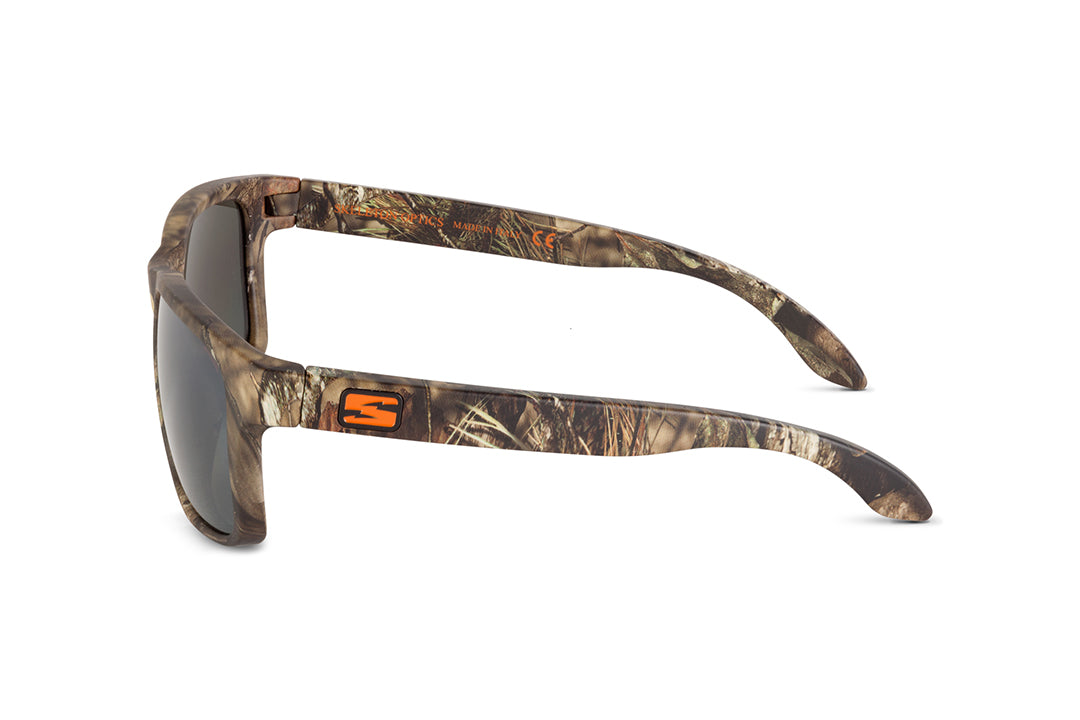 Decoy sunglasses in Mossy Oak Break-Up Country camo, on-face view