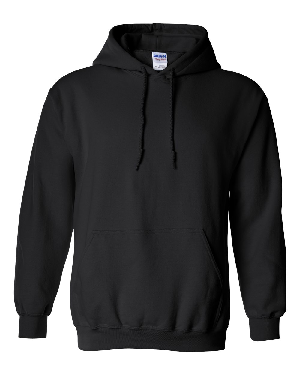 Custom Gildan 18500 Heavy Blend hooded sweatshirt in Black, front view, ready for personalized printing